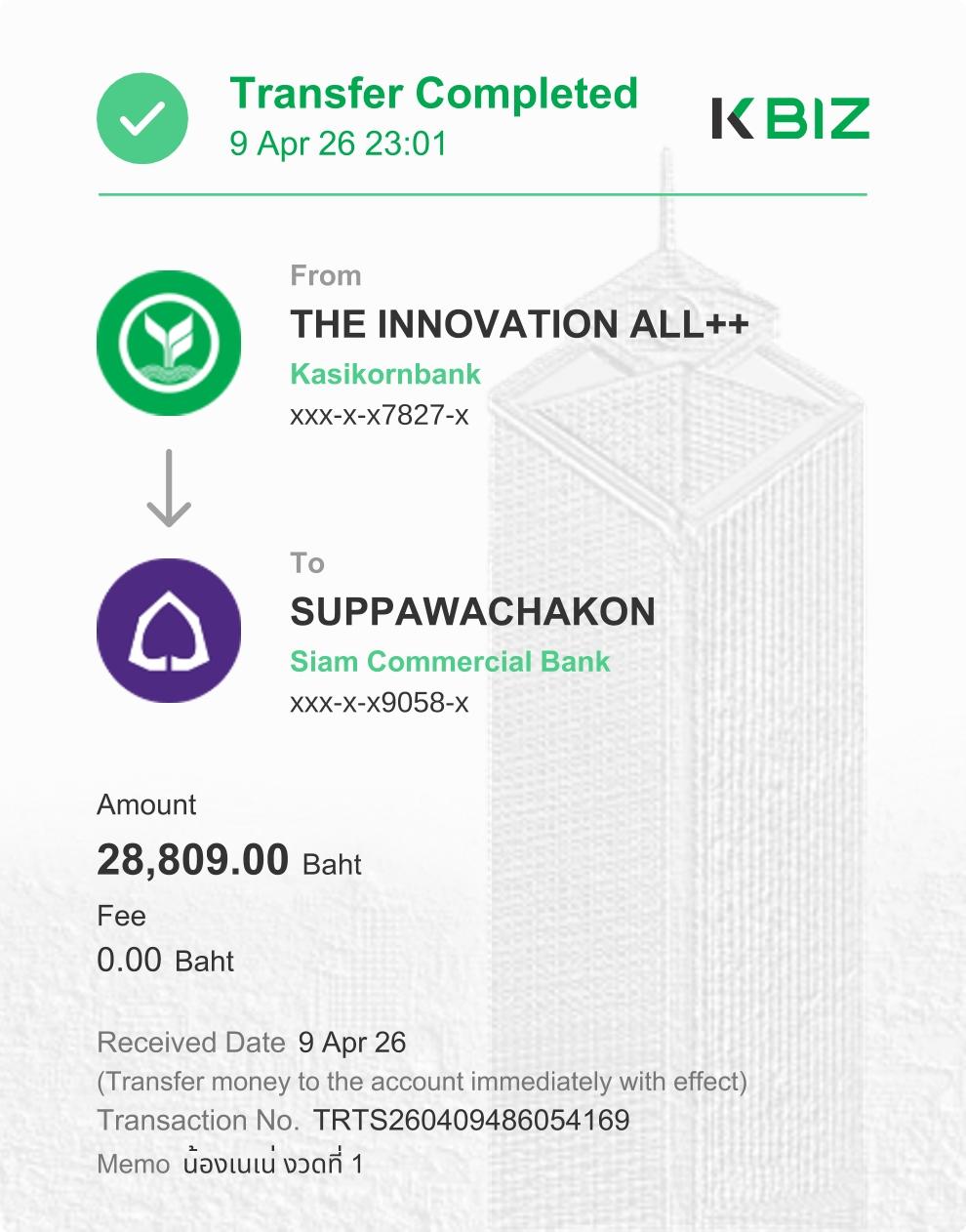 หลักฐานการโอนเงิน 28,809.00 บาท